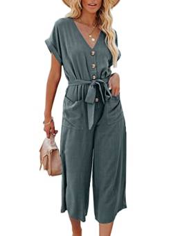 Dokotoo Damen Jumpsuit Elegant Kurzarm V-Ausschnitt Overall Sommer Lose Hosenanzug Lang Playsuit Romper, blau, L von Dokotoo