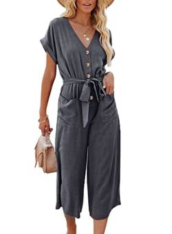 Dokotoo Damen Jumpsuit Elegant Kurzarm V-Ausschnitt Overall Sommer Lose Hosenanzug Lang Playsuit Romper, grau, L von Dokotoo