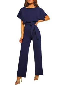 Dokotoo Damen Kurzarm Lang Jumpsuit Elegant Overall Jumpsuit O-Ausschnitt Playsuit Rückenfrei Sexy Hosen mit Gürtel Blau M von Dokotoo