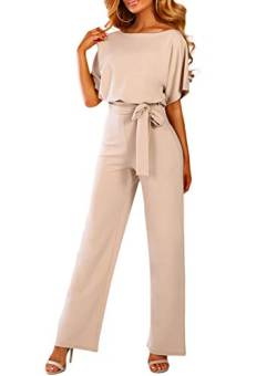 Dokotoo Damen Kurzarm Lang Jumpsuit Elegant Overall Jumpsuits O-Ausschnitt Playsuit Rückenfrei Sexy Hosenanzug mit Gürtel Aprikose 2XL von Dokotoo