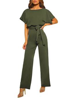 Dokotoo Damen Kurzarm Lang Jumpsuit Elegant Overall Jumpsuits O-Ausschnitt Playsuit Sommer Hosenanzug mit Gürtel Grün M von Dokotoo