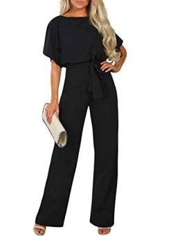 Dokotoo Damen Kurzarm Lang Jumpsuit Elegant Sommer Overall Jumpsuits O-Ausschnitt Playsuit Sommer Hosenanzug mit Gürtel Schwarz L von Dokotoo