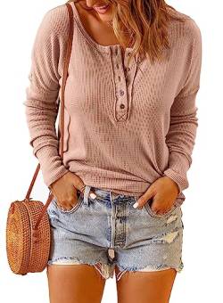 Dokotoo Damen Langarmshirt Basic Knopfleiste Pullover Casual Einfarbig Langarm Oberteil Shirt Bluse, rosa, L von Dokotoo