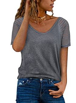 Dokotoo Damen Oberteile Grau Sommer Streifen Mesh T-Shirt Casual V-Ausschnitt Bluse Tee Tops X-Large von Dokotoo