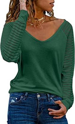 Dokotoo Damen Oberteile Grün Streifen Mesh Langarmshirt Pullover Casual V-Ausschnitt Bluse Shirts Tops XX-Large von Dokotoo