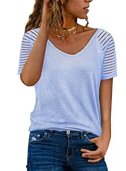 Dokotoo Damen Oberteile Himmelblau Sommer Streifen Mesh T-Shirt Casual V-Ausschnitt Bluse Tee Tops XX-Large von Dokotoo