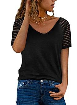 Dokotoo Damen Oberteile Schwarz Sommer Streifen Mesh T-Shirt Casual V-Ausschnitt Bluse Tee Tops XX-Large von Dokotoo