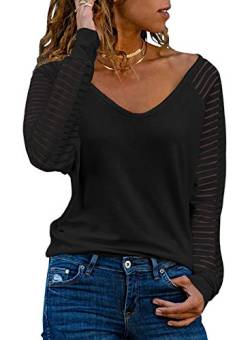 Dokotoo Damen Oberteile Schwarz Streifen Mesh Langarmshirt Casual V-Ausschnitt Bluse Shirt Tops Large von Dokotoo