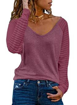 Dokotoo Damen Oberteile Violett Streifen Mesh Langarmshirt Pullover Casual V-Ausschnitt Bluse Shirts Tops XX-Large von Dokotoo