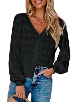 Dokotoo Damen Strickjacke V-Ausschnitt Kurzer Cardigan Elegant Langarm Leichter Strickpullover mit Knopf, schwarz, L von Dokotoo