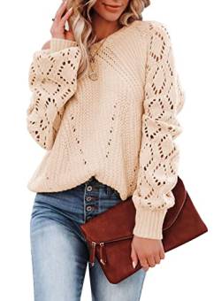 Dokotoo Damen Strickpullover Elegant Rundhals Pullover Langarm Grobstrick Pulli Herbst Winter Oberteile Tops Beige Damenpullover Winterpullover, L von Dokotoo