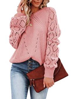 Dokotoo Damen Strickpullover Elegant Rundhals Pullover Langarm Grobstrick Pulli Herbst Winter Oberteile Tops Rosa Damenpullover Winterpullover, L von Dokotoo