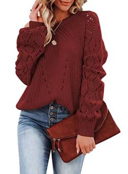 Dokotoo Damen Strickpullover Elegant Rundhals Pullover Langarm Grobstrick Pulli Herbst Winter Oberteile Tops Rot Damenpullover Winterpullover, L von Dokotoo