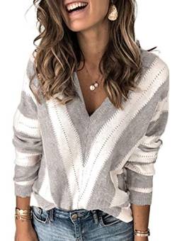 Dokotoo Damen Strickpullover V-Ausschnitt Casual Pullover Warm Oberteil Tops Streifen Pullis Elegant Herbst Winter Langarmshirt Grau L von Dokotoo