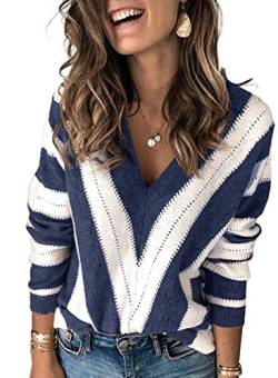 Dokotoo Damen Strickpullover V-Ausschnitt Casual Pullover Warm Oberteil Tops Streifen Sweater Elegant Herbst Winter Sweatshirt Blau XXL von Dokotoo
