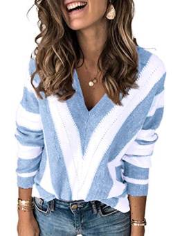 Dokotoo Damen Strickpullover V-Ausschnitt Casual Pullover Warm Oberteil Tops Streifen Sweater Elegant Herbst Winter Sweatshirt Hellblau L von Dokotoo