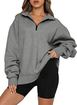 Dokotoo Damen Sweatshirt Basic Reißverschluss Pullover Einfarbig Fleece Oversized Oberteile für Herbst Winter, grau, XXL von Dokotoo