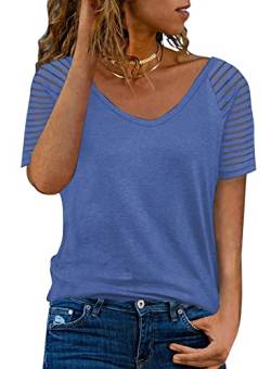 Dokotoo Damen T-Shirt Sommer Streifen Mesh Kurzarm Oberteile Casual V-Ausschnitt Bluse Shirt Tops, blau, M von Dokotoo