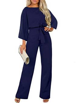 Dokotoo Damen sexy 3/4 Hülse Lang Jumpsuit Elegant Overall Jumpsuits O-Ausschnitt Playsuit Rückenfrei Sexy Hosenanzug mit Gürtel Blau S von Dokotoo