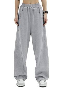 Dokotoo Jogginghose Damen Sporthose Lang Lässige Palazzo Hose Hosen mit Taschen Baggy Elastisch Stoffhose Einfarbig Freizeithose Grau 2XL von Dokotoo