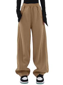 Dokotoo Jogginghose Damen Sporthose Lang Lässige Palazzo Hose Hosen mit Taschen Baggy Elastisch Stoffhose Einfarbig Freizeithose Khaki M von Dokotoo