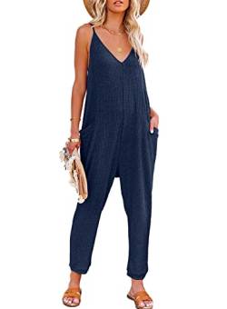 Dokotoo Jumpsuit Damen Sommer Ärmellos Overall Casual V-Ausschnitt Lose Latzhose Lang Playsuit Romper mit Taschen, blau, XL von Dokotoo