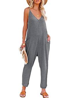 Dokotoo Jumpsuit Damen Sommer Ärmellos Overall Casual V-Ausschnitt Lose Latzhose Lang Playsuit Romper mit Taschen, grau, L von Dokotoo