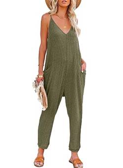 Dokotoo Jumpsuit Damen Sommer Ärmellos Overall Casual V-Ausschnitt Lose Latzhose Lang Playsuit Romper mit Taschen, grün, L von Dokotoo