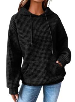 Dokotoo Kapuzenpullover Damen Hoodie Waffel Pullover mit Taschen Kordelzug Sweatshirt Einfarbig Langarmshirt Lässig Oberteile Schwarz M von Dokotoo