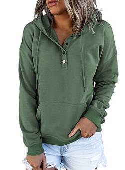 Dokotoo Kapuzenpullover Damen Knopfleiste Hoodie Pullover Langarm Herbst Winter Sweatshirt Oberteil Kapuzenpulli, grün, L von Dokotoo