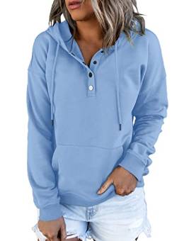 Dokotoo Kapuzenpullover Damen Knopfleiste Hoodie Pullover Langarm Herbst Winter Sweatshirt Oberteil Pulli, himmelblau, M von Dokotoo