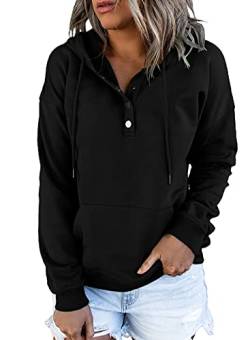 Dokotoo Kapuzenpullover Damen Knopfleiste Hoodie Pullover Langarm Herbst Winter Sweatshirt Oberteil Pulli, schwarz, XL von Dokotoo