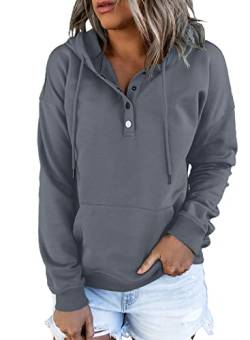 Dokotoo Kapuzenpullover Damen Knopfleiste Hoodie Pullover Langarm Herbst Winter Sweatshirt Oberteile Pulli, grau, M von Dokotoo