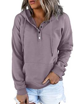 Dokotoo Kapuzenpullover Damen Knopfleiste Hoodies Pullover Langarm Herbst Winter Sweatshirt Oberteil Pulli, violett, L von Dokotoo