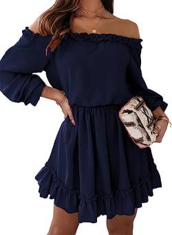 Dokotoo Kleid Damen Langarm Elegant Hohe Taille Einfarbig Schulterfrei A-Linien Minikleid Partykleid Freizeitkleid Dating-Kleid Sommerkleider Rüschenkleid Blau XL von Dokotoo