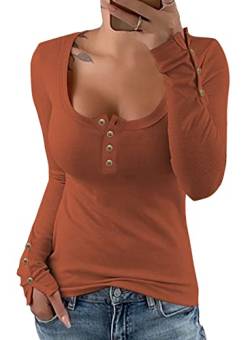 Dokotoo Pullover Damen Basic Langarmshirt Pulli U-Ausschnitt Knopfleiste Shirt Top Langarm Slim Fit Oberteile für Herbst Winter, orange, XXL von Dokotoo