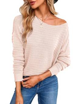 Dokotoo Pullover Damen Rundhals Struktur Strickpullover Basic Herbst Winter Longsleeve Oberteil Pulli, rosa, XXL von Dokotoo