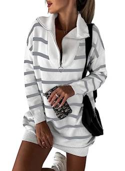 Dokotoo Pullover Kleider Damen Kleid Langarm Streifen Geringeltes Strickkleid Sexy Minikleid Herbst Winter Strick Sweater Reverskleid Reißverschluss Freizeitkleid Weiß XL von Dokotoo