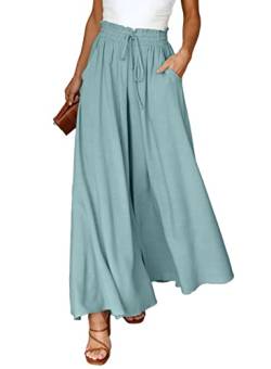 Dokotoo Sommerhose Damen Leicht Lässige Palazzo Hose High Waist Einfarbig Freizeithose Baumwolle Leinen Hosen mit Taschen Kordelzug Baggy Elastisch Stoffhose Grün XL von Dokotoo