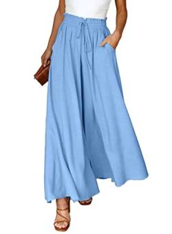 Dokotoo Sommerhose Damen Leicht Palazzo Hose Elegant Sommer High Waist Baggy Freizeithose Baumwolle Leinen Weite Hosen mit Taschen Kordelzug Elastisch Einfarbig Stoffhose Himmelblau L von Dokotoo