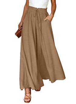 Dokotoo Sommerhose Damen Leicht Palazzo Hose Elegant Sommer High Waist Baggy Freizeithose Baumwolle Leinen Weite Hosen mit Taschen Kordelzug Elastisch Einfarbig Stoffhose Khaki M von Dokotoo