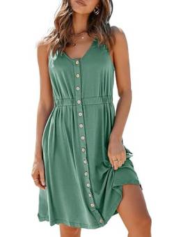 Dokotoo Sommerkleid Damen Einfarbig Ärmellos V-Ausschnitt Midi Kleid Knielang A-Linie Knopf Freizeitkleid mit Taschen, grün, L von Dokotoo