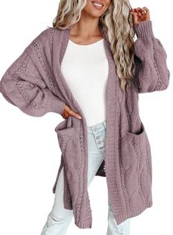 Dokotoo Strickjacke Damen Lang Grobstrick Cardigan Zopfmuster Offener Strickmantel Herbst Winter Casual Strickcardigan, lila, M von Dokotoo