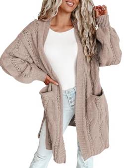 Dokotoo Strickjacke Damen Lang Grobstrick Cardigan Zopfmuster Offener Strickmantel Herbst Winter Casual Strickpullover, Aprikose, L von Dokotoo