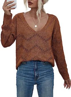 Dokotoo Strickpullover Damen Langarmshirt Pullover Elegant V-Ausschnitt Langarm Oberteile Shirt Pulli für Herbst Winter, braun, L von Dokotoo