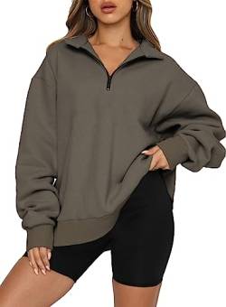 Dokotoo Sweatshirt Damen Basic Reißverschluss Pullover Einfarbig Fleece Oversized Oberteile für Herbst Winter, braun, XXL von Dokotoo
