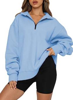 Dokotoo Sweatshirt Damen Basic Reißverschluss Pullover Einfarbig Loose Langarm Oberteile für Herbst Winter, himmelblau, XL von Dokotoo