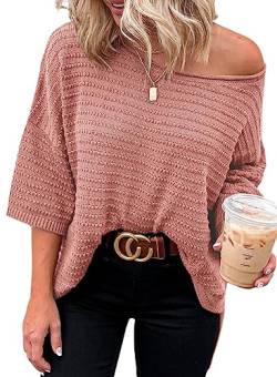 Dokotoo T Shirt Damen Oberteile Sommer Kurzarm Einfarbig Casual Locker Sweatshirt Rundhals Tops 3/4 Ärmel Schulterfrei Pullover Bluse Rosa 2XL von Dokotoo