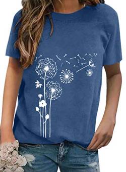 Dokotoo T-Shirt Damen Sommer Kurzarm Oberteile Blau Pusteblume Drucken Tee Tops Casual Rundhals Loose Shirts Blusen Small von Dokotoo