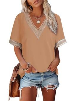 Dokotoo T Shirt Damen V Ausschnitt Sommer Kurzarm Oberteile Spitzen Aushöhlen Bluse Locker Casual Pullover Tshirt Oversize Tops Aprikose L von Dokotoo